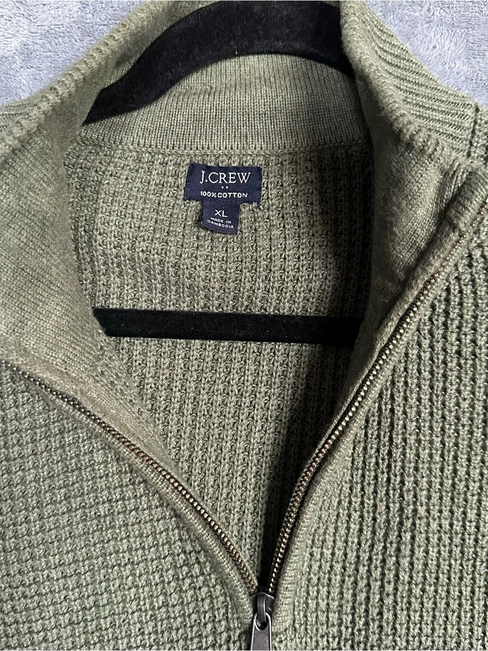 J. Crew Olive Green quarter -Zip waffle knit cotton Sweater XL